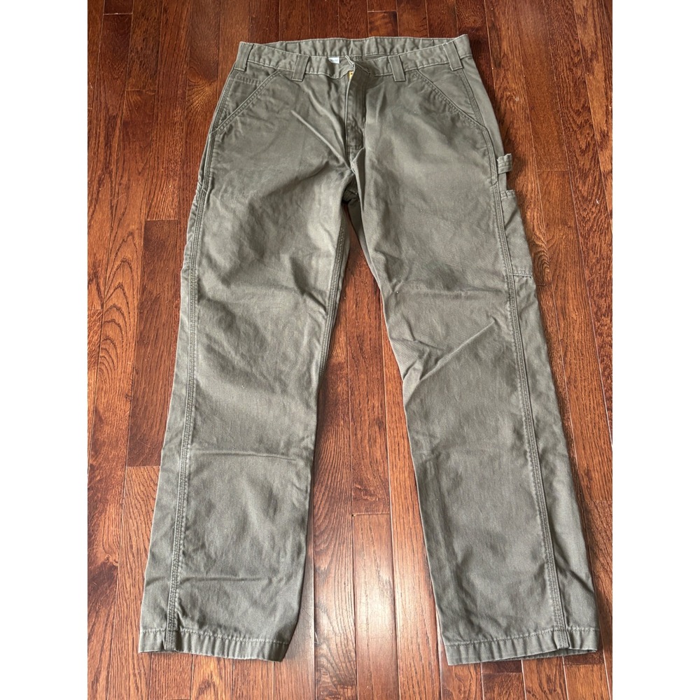 Carhartt Mens Moss Green Duck Canvas Carpenter Pants 35x32 Utility Workwear